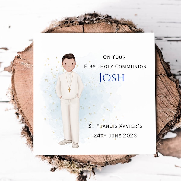 Personalised First Holy Communion Card For Son Or Grandson Keepsake Communion Card For Boys, Customise Hair Colour To Suit Recipient