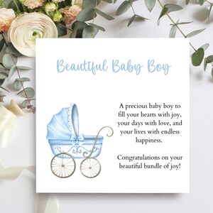 Nouvelle carte de bébé garçon avec landau bleu, carte de félicitations pour les nouveaux parents d'un nouveau-né né OTR40