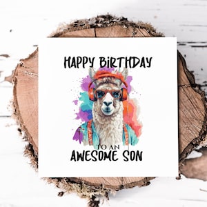 Impresionante tarjeta de cumpleaños para hijo con una llama genial, feliz cumpleaños a un hijo increíble
