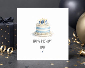 Dad Birthday Card, Blue Cake Birthday Card for Dad, Minimalist Happy Birthday Dad Card, Elegant Watercolour Cake Card