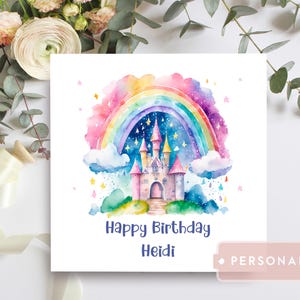 Cartão de aniversário personalizado com castelo de arco-íris para menina, cartão com nome personalizado de princesa, cartão de conto de fadas para filha, neta, sobrinha