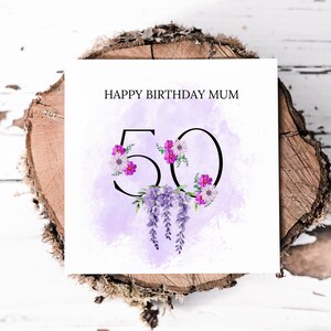 Carte d'anniversaire personnalisée pour les 50 ans pour maman, carte d'anniversaire numérique pour l'anniversaire de maman, carte d'anniversaire importante avec fleurs violettes