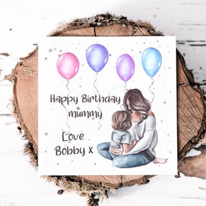 Tarjeta de cumpleaños para mamá con una hermosa impresión en acuarela de madre e hijo, personalizada con el nombre del niño, feliz cumpleaños, mamá