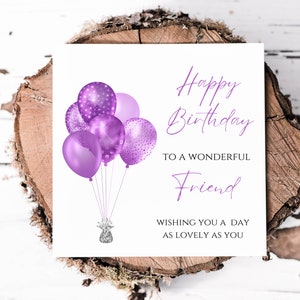 Merveilleuse carte d'anniversaire d'un ami avec des ballons à effet scintillant imprimés violets et argentés, jolie carte d'anniversaire pour les meilleurs amis un jour spécial