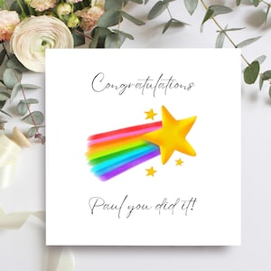 Tarjeta de felicitación personalizada con estrella arcoíris fugaz. Una bonita tarjeta para felicitar por un nuevo trabajo, aprobar exámenes y el examen de conducir.