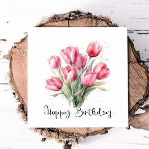Biglietto di auguri di compleanno con bellissimi tulipani rosa tenui, splendido biglietto per zia, sorella o amiche, grazioso biglietto di auguri con stampa di fiori primaverili