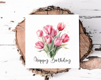 Birthday Card With Beautiful Soft Pink Tulips, Gorgeous Card For Auntie, Sister Or Friends, Pretty Spring Flower Print Greetings Card