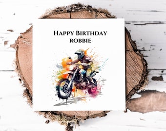 Carte d'anniversaire moto personnalisée pour lui, carte de moto couleur splash avec nom pour fils, petit-fils, neveu ou frère, pour son anniversaire