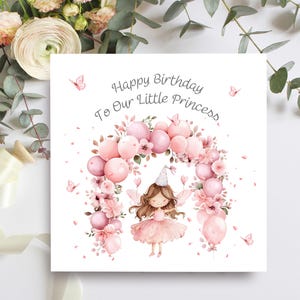 Carte d'anniversaire pour petite fille, conception de princesse fée pour fille, nièce, petite-fille, carte d'anniversaire ballons roses OTR4247