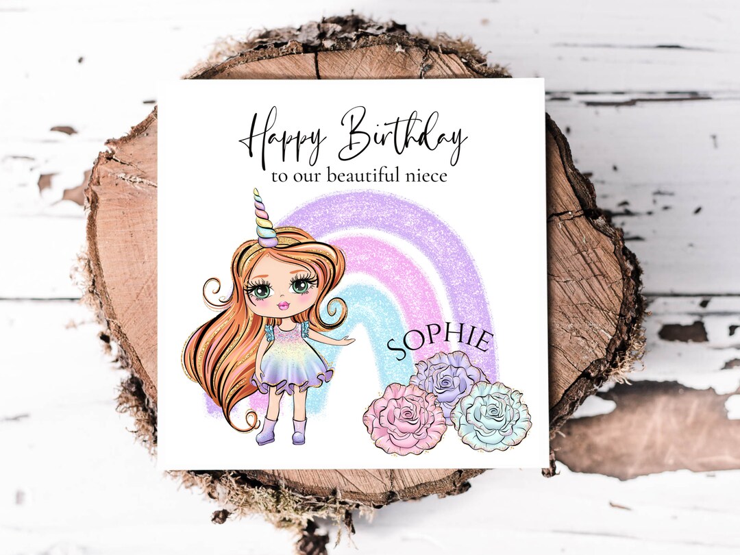 Personalised Niece Birthday Card With Fashion Doll and Rainbow, for Our ...