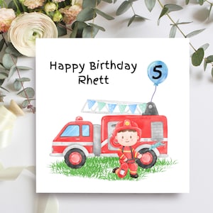 Carte d'anniversaire personnalisée sur le thème des pompiers pour enfants, jolie carte pour fils, petit-fils, neveu, filleul, pompier avec nom et âge
