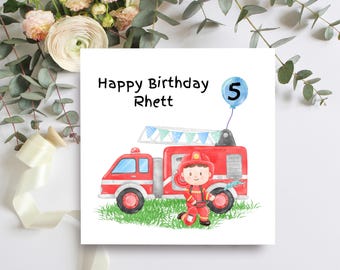 Personalised Fire Engine Theme Birthday Card For Kids, Cute Card For Son, Grandson, Nephew, Godson, Fireman Birthday Card With Name and Age