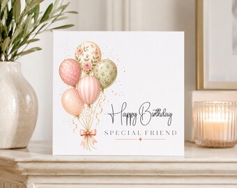 Special Friend Birthday Card, Pretty Floral Balloon Birthday Card for Her, Pink Watercolour Friend Greeting Card