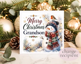 Son Grandson Nephew Christmas Card, Personalised Recipient Xmas Card, Snowman Christmas Card, Merry Christmas Family Card