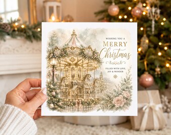 Elegant Merry Christmas Card, Carousel Christmas Card, Luxury Festive Card, Vintage Christmas Card, Beautiful Christmas Greeting
