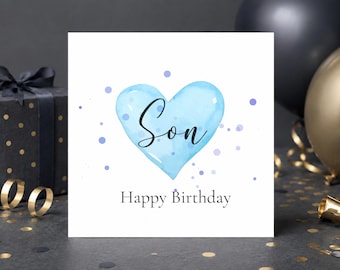 Son Birthday Card, Happy Birthday Son Card From Mum Dad, Handmade Card For Him, Watercolour Blue Heart