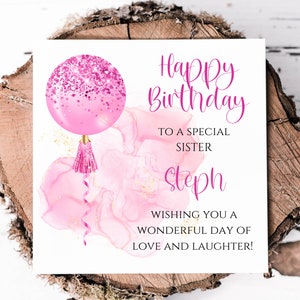Carte d'anniversaire personnalisée pour soeur avec ballon rond rose à effet scintillant imprimé, carte d'anniversaire glamour personnalisée avec nom pour une soeur spéciale