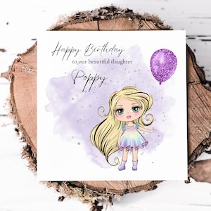 Cartão de aniversário de filha personalizado com boneca fofa que muda de cor de cabelo e olhos, cartão bonito para o aniversário de filha linda