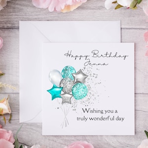 Carte d'anniversaire personnalisée pour elle avec des ballons argentés turquoise glamour, carte d'anniversaire personnalisée pour fille, petite-fille ou soeur