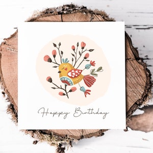 Linda tarjeta de cumpleaños con pájaro floral para ella, tarjeta de feliz cumpleaños para abuela, amiga, tía, tarjeta de felicitación con diseño de pájaro en un árbol para su cumpleaños