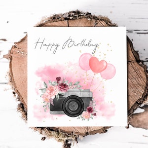 Cartão de aniversário com câmera floral para ela, cartão bonito perfeito para amantes da fotografia, irmã, amiga, sobrinha ou filha