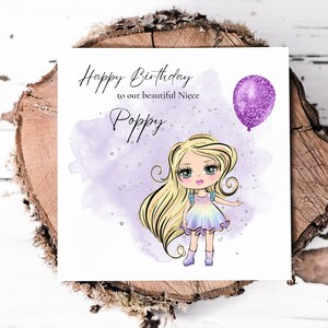 Cartão de aniversário personalizado para sobrinha com boneca fofa, cartão bonito para o aniversário de uma linda sobrinha, mudança de pele, cabelo e cor dos olhos