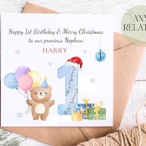 Biglietto di auguri di Natale personalizzato per il primo compleanno di un nipote prezioso, biglietto di auguri di Natale per bambini, modificabile in base al destinatario