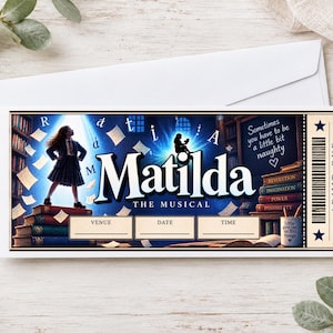 May include: A rectangular Matilda The Musical ticket featuring a silhouette of a girl standing on a stack of books, the title text, and the quote Sometimes you have to be a little bit naughty. Includes blank fields for venue, date, and time.