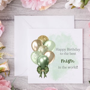 Mooie verjaardagskaart voor moeder met salie groen gouden ballontros, prachtige gedrukte kaart voor een speciale moeder op haar speciale dag