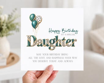 Daughter Birthday Card, Special Daughter Card, Teal Gold Balloon Birthday Card, Lovely Birthday Card for Daughter