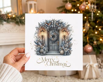 Merry Christmas Card, Elegant Front Door Christmas Card, Luxury Watercolour Xmas Card, Festive Wreath Greeting Card, Christmas Card UK