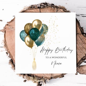 Magnifique carte d'anniversaire de nièce avec des ballons à effet scintillant imprimés bleu sarcelle et or, jolie carte d'anniversaire pour son jour spécial