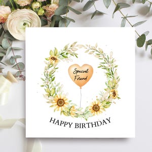 Biglietto di auguri di compleanno con ghirlanda di girasoli per amici speciali, bellissimo biglietto per un giorno speciale con gli amici