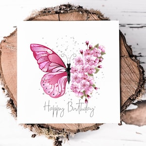 Jolie carte d'anniversaire papillon fleur rose, carte d'anniversaire pour elle, carte de voeux, anniversaire de femme, carte pour maman, amie, soeur, tante