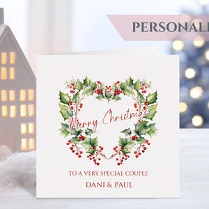 Carte de Noël personnalisée pour couple spécial, couronne de houx, carte de Noël romantique avec nom personnalisé, carte de fête pour amis