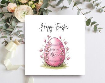 May include: A square Easter card with the words "Happy Easter" in black script. A pink Easter egg with the words "Special Niece" is surrounded by pink flowers and green grass. Floral arrangement in the background.