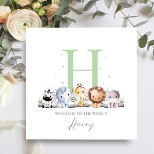 Biglietto di auguri personalizzato per neonato, biglietto con animali della giungla, benvenuto al mondo, biglietto con nome personalizzato, regalo per baby shower, biglietto ricordo per neonato