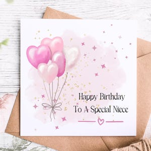 Carte d'anniversaire spéciale nièce avec ballons roses en forme de coeur, carte de voeux mignonne et fantaisiste pour l'anniversaire d'une jeune nièce