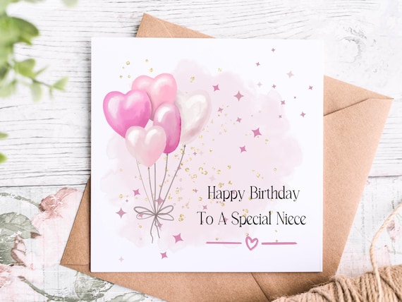 Niece Birthday Card: Pink Heart Balloons, Whimsical Greeting