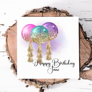 Bellissimo biglietto di auguri di compleanno personalizzato con palloncino a forma di sfera stampato con glitter per lei, grazioso biglietto colorato per sorella, amica, mamma, figlia o nipote.