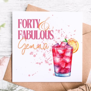 Biglietto di auguri di compleanno personalizzato per quaranta e favolosi cocktail, biglietto di auguri personalizzato per il 40° compleanno per amica, sorella e figlia, elegante e divertente biglietto di auguri