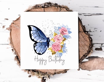 Happy Birthday Card, Pretty Blue & Pink Floral Butterfly Card, Gift Cards, Floral Cards, Card For Birthday, Card For Sister, Friend, Grandma