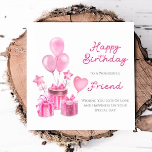 Maravillosa tarjeta de cumpleaños con globo rosa y regalo para una amiga encantadora, bonita tarjeta de cumpleaños para su día especial