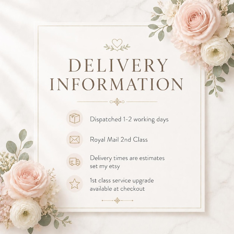 May include: A square sign with a cream background and a thin brown border, decorated with pale pink and white roses in the corners. The text reads DELIVERY INFORMATION, followed by four bullet points with icons for a box, envelope, truck, and star.
