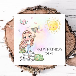 Cartão de aniversário personalizado com menina pegando borboletas, cartão bonito para filha, neta, sobrinha ou neta, impressão personalizada