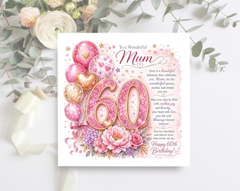 Mum 60th Birthday Card, Luxury Floral 60th Card for Mum, Elegant Pink Milestone Birthday Card For Special Mum, 60Th Birthday Poem Card