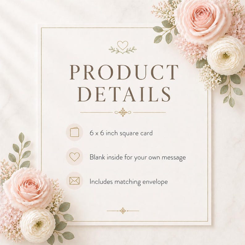 May include: A square card product details sign featuring the text PRODUCT DETAILS, a 6 x 6 inch square card specification, a blank inside for your own message, and includes matching envelope, decorated with pink and white floral accents.