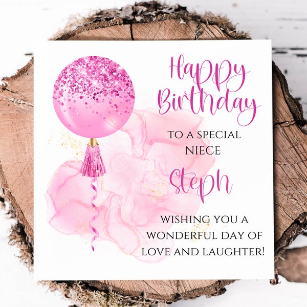 Personalised Niece Birthday Card With Pink Printed Glitter Effect Orb Balloon, Glam Birthday Card Customised With Name  For A Special Niece