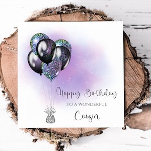 Carte d'anniversaire pour cousine avec ballon imprimé scintillant, jolie carte d'anniversaire pour elle, carte de ballon à effet scintillant imprimée