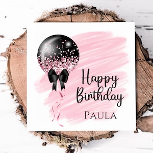 Carte d'anniversaire personnalisée avec ballon rond noir et rose à effet scintillant, magnifique carte d'anniversaire pour ami, nièce, soeur, fille